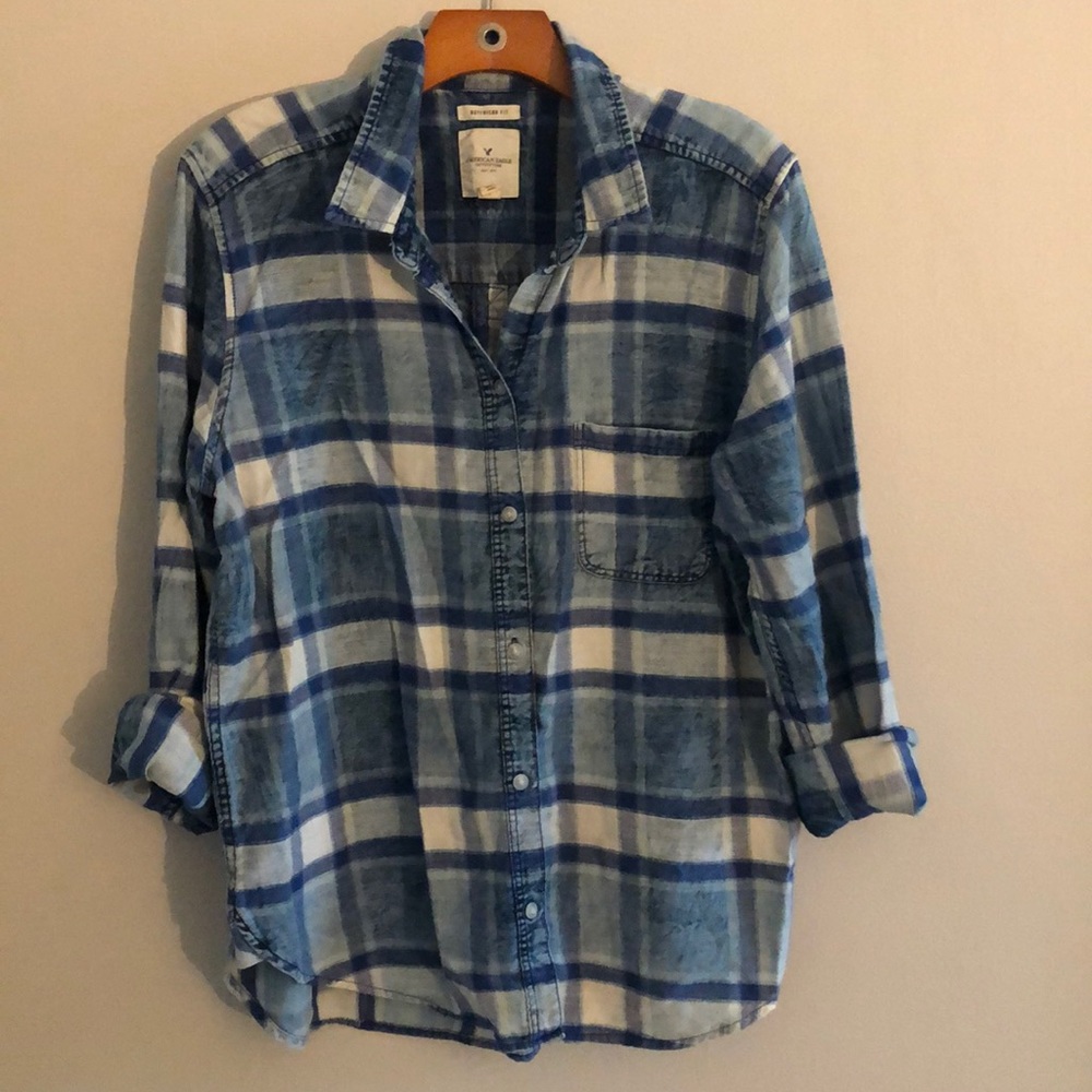 AEO Blue Plaid Button Down Boyfriend Fit XL